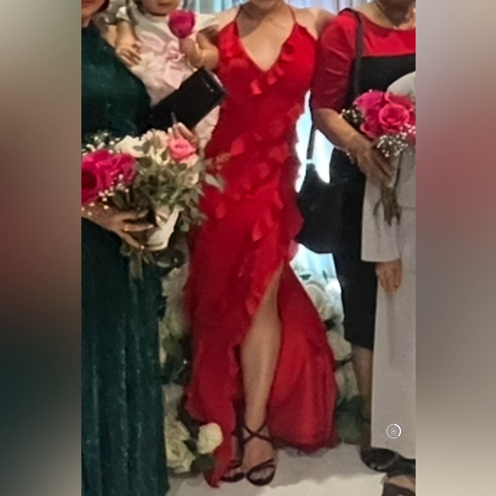 Red Ruffle-Trim Slip Maxi Dress